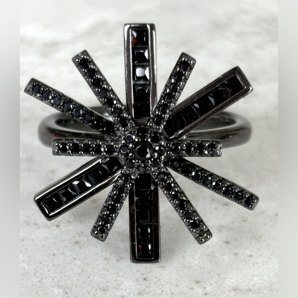 FOLLI FOLLIE 925 STERLING SILVER STAR FLOWER BLACK CZ RING SIZE 7 3/4
